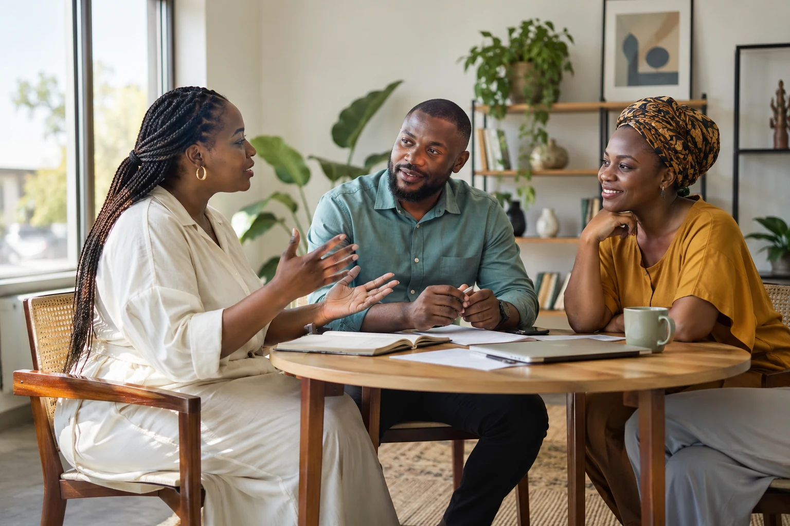 Three Nigerian adults discussing ideas together around a community office table