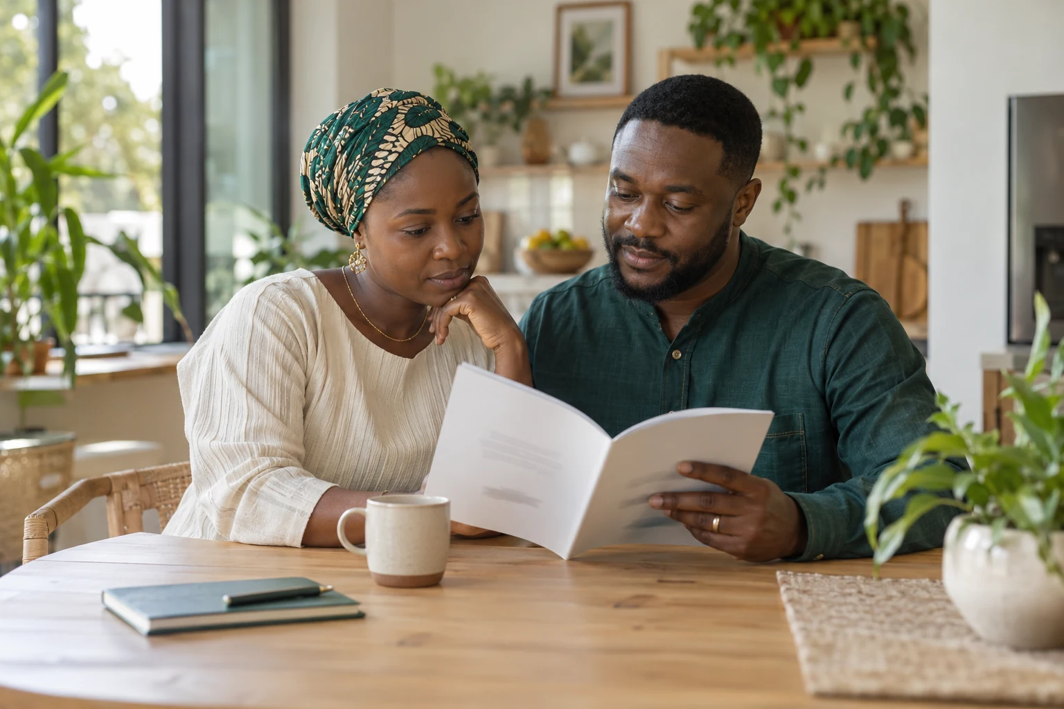 Nigerian parents reading an information booklet together at home
