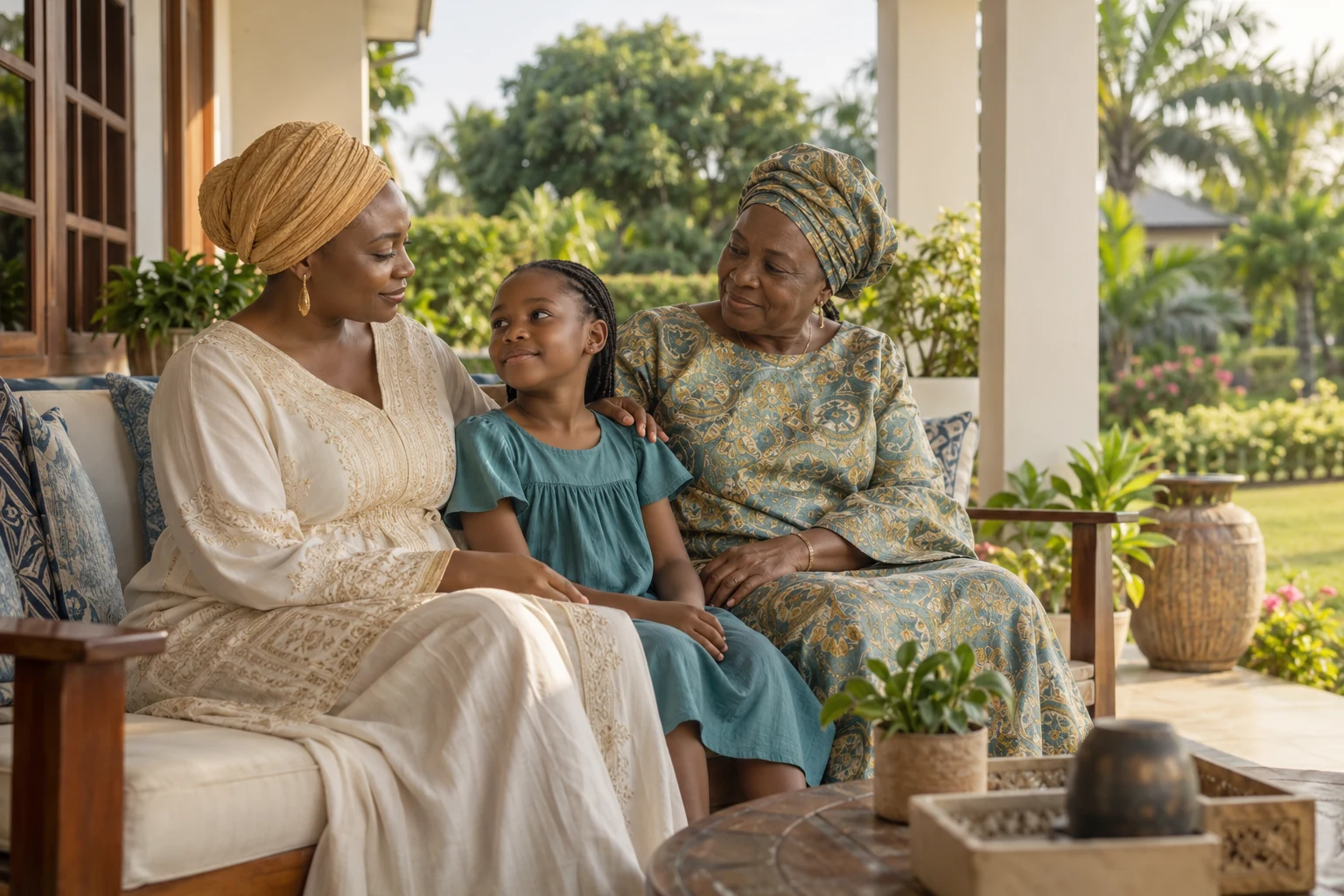 A Nigerian mother and grandmother spending time with a child on a leafy veranda