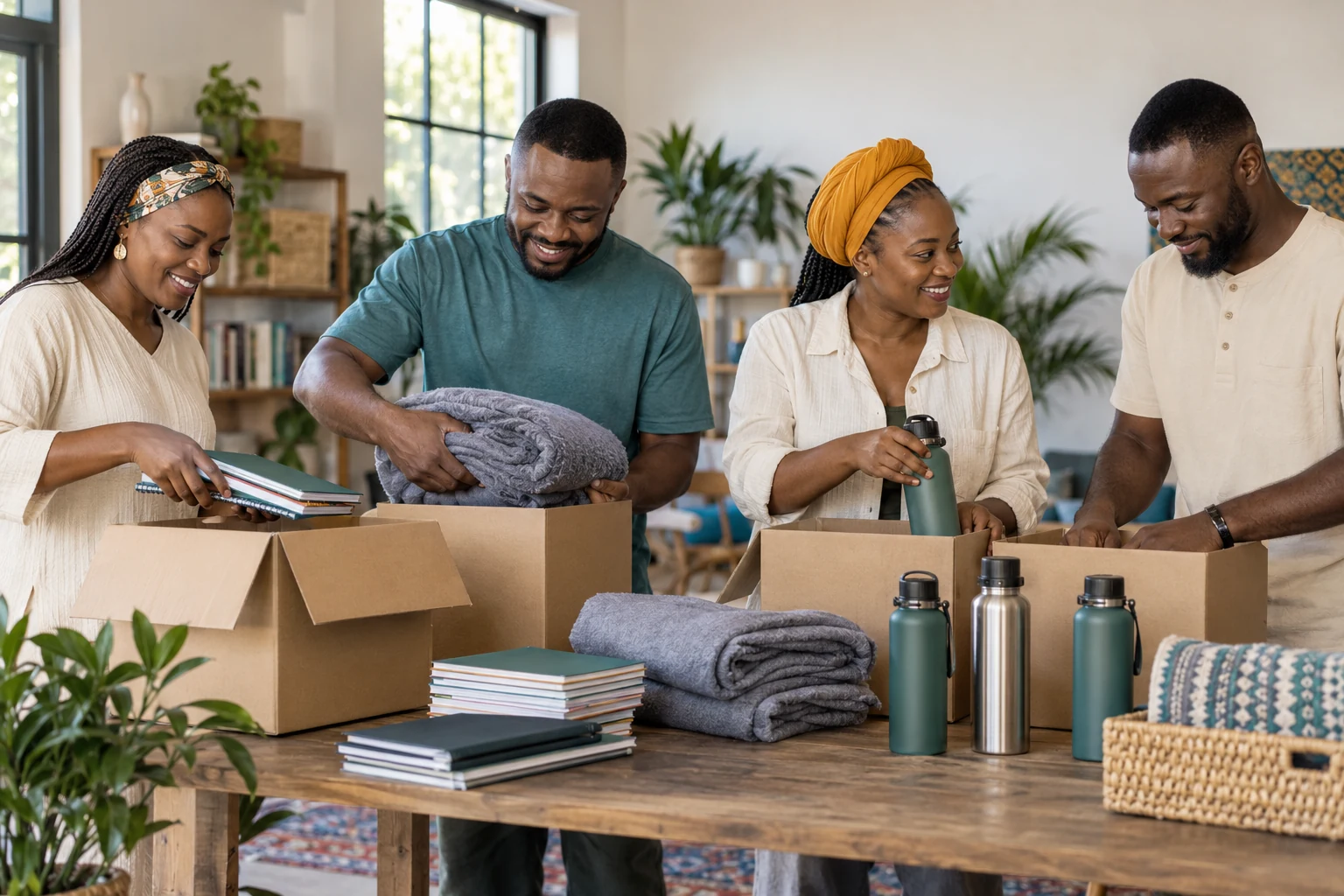 Nigerian adult volunteers preparing family support packages together