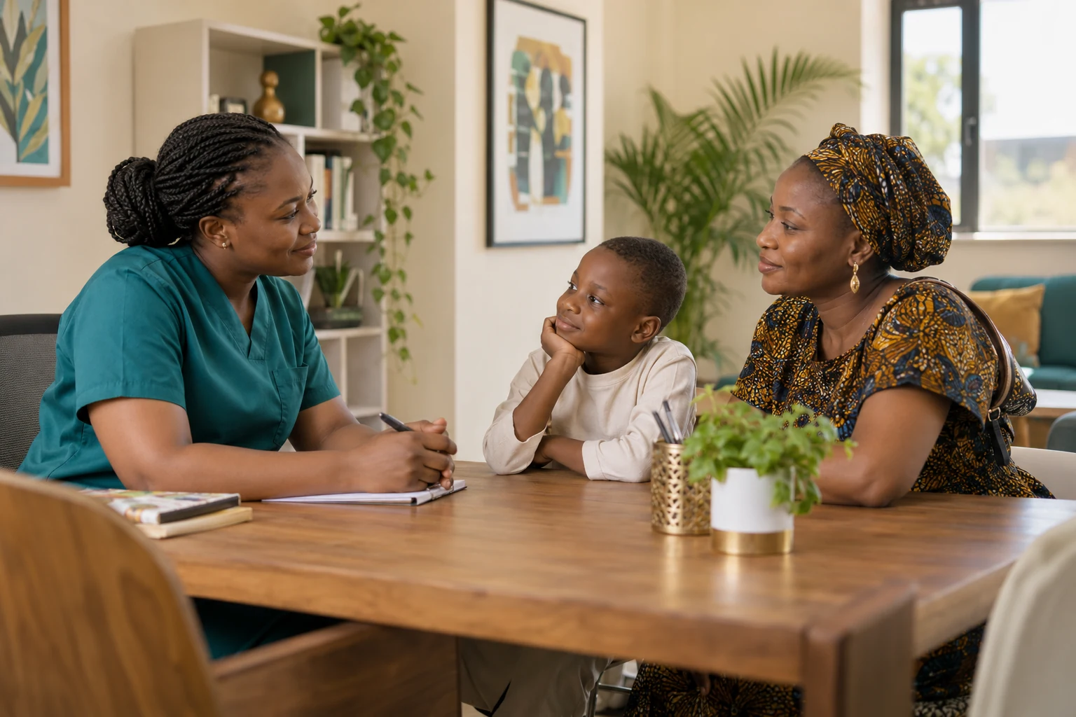 A Nigerian healthcare professional listening to a mother and child in a bright family consultation room