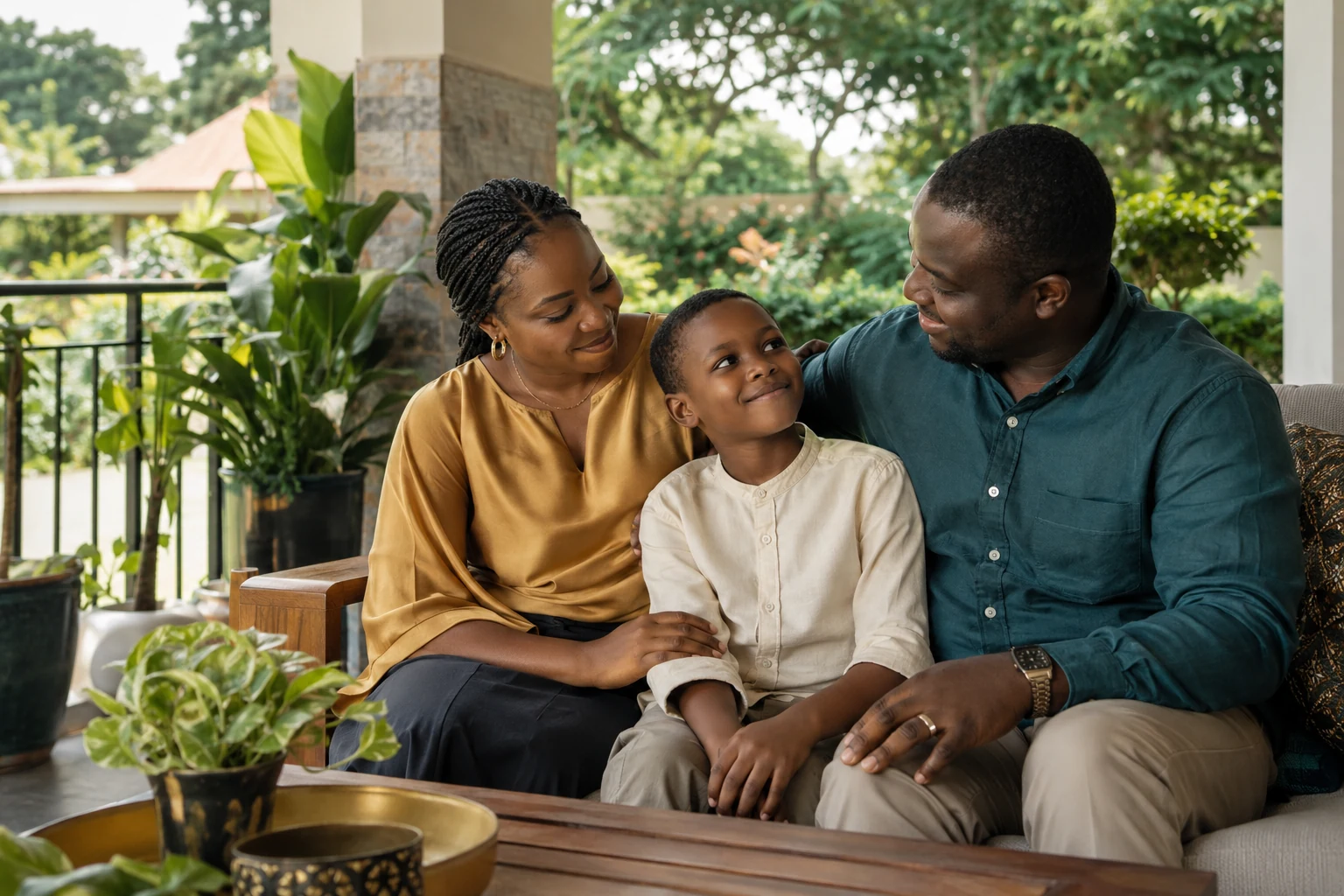 A Nigerian mother and father sharing a quiet moment with their child on a garden veranda